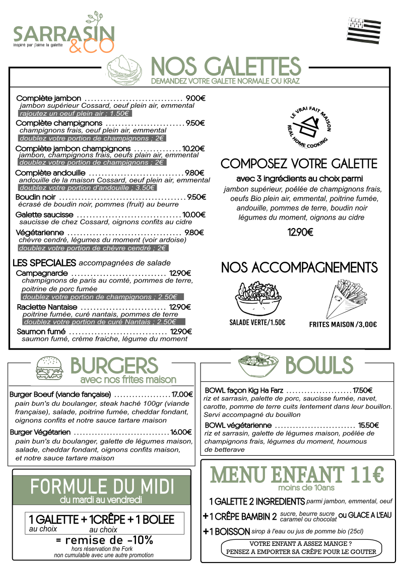 carte des galettes et burger de sarrasin and co
