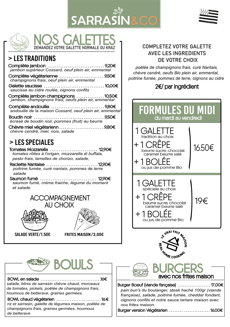 carte des galettes et burger de sarrasin and co
